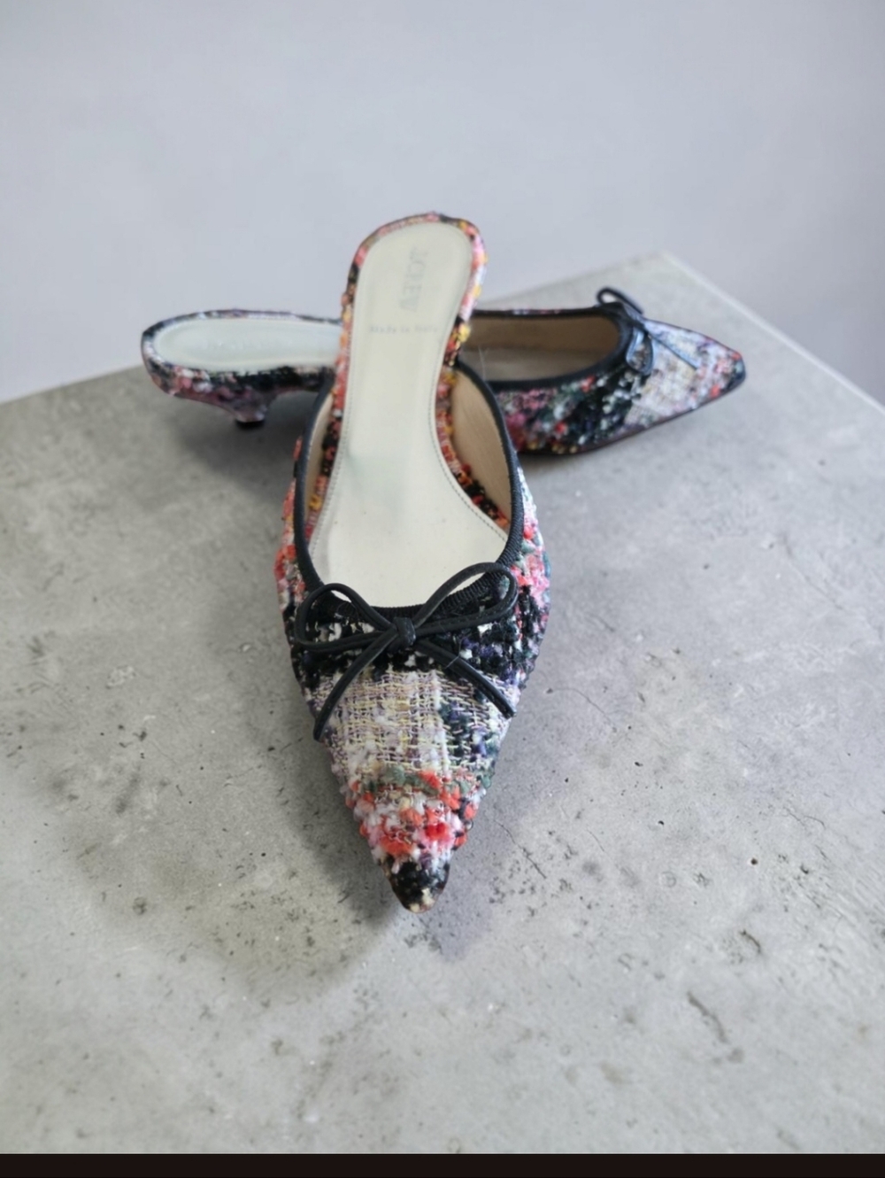 NWOT J. Crew Pointed Tweed Slip-On Mules in Multicolor with Black Trim